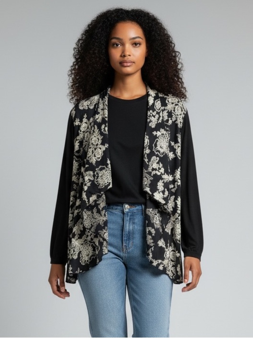 Citron Santa Monica Black Floral Cardigan Sz 1X Jacket Lagenlook Boho Layer